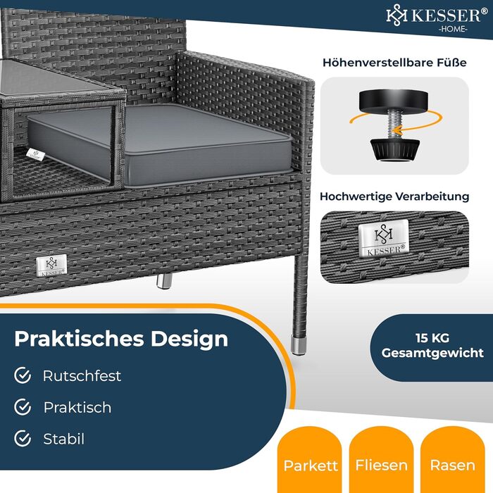 Садовий диван KESSER® з ротангу на 2 особи з вбудованим столиком, 143×63×88 см - стійкий до погодних умов, комплект з подушками та чохлами, антрацит