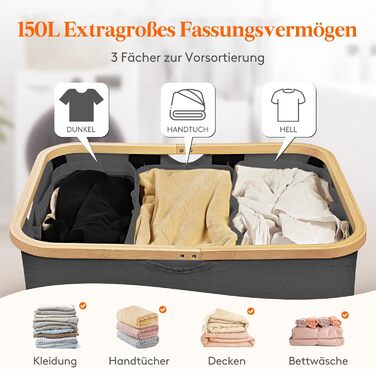 Кошик для білизни Lifewit 150L з кришкою, сортувальник для білизни з 3 відділеннями, велика коробка для білизни, сірий