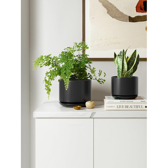 Набір горщиків для квітів LE TAUCI 3шт, кераміка, 11/13/17 см, з підставками та дренажними отворами, реактивна глазур, бежевий (чорний)