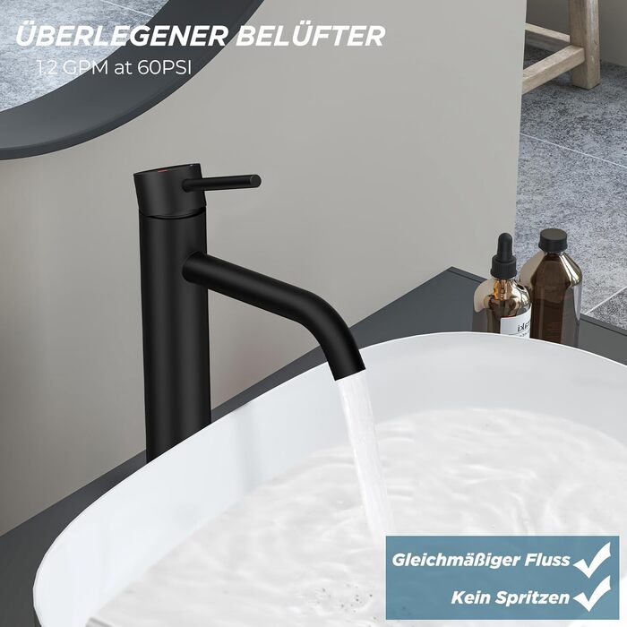 Чорний змішувач для ванної кімнати FORIOUS з висотою виливу 190 мм (11.2 дюймів) - однорідний змішувач для умивальника, ванної кімнати, гостьового WC