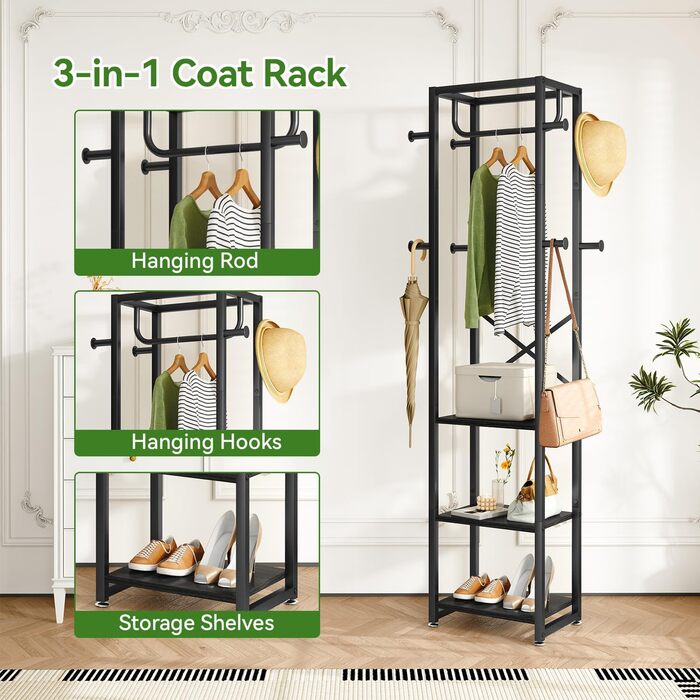 Підставка для одягу IBUYKE, вішалка для одягу з 3 полицями та 8 гачками, індустріальна вішалка для передпокою, коридору, спальні, природа та білий, TMJ088R, Природний та Білий (180 x 40 x 30 см, Чорний)