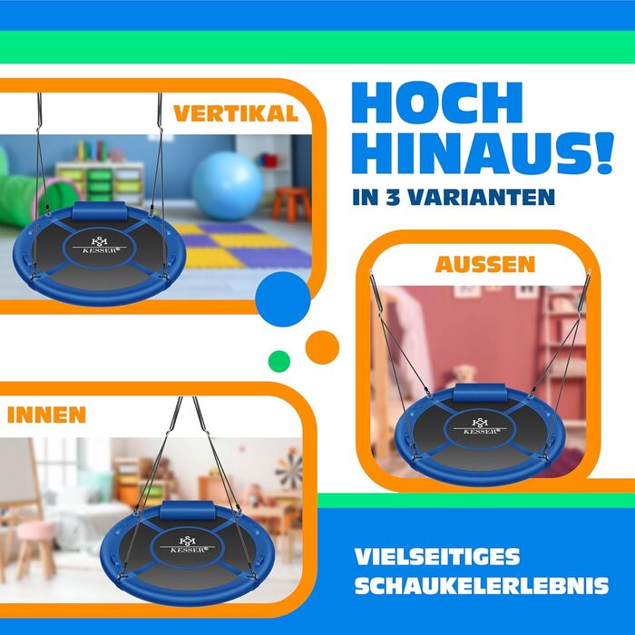 Шоукель KESSER® Nestschaukel (120см) - гніздова, підвісна, для дітей та дорослих, до 300кг, з подушкою та ручками, Indoor/Outdoor, блакитна