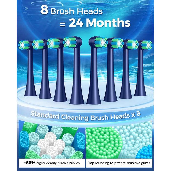 Електрична зубна щітка для дорослих Rotierende з 8 насадками, 4 режимами чищення, акумулятор до 60 днів, таймер 2 хв - професійна, блакитна