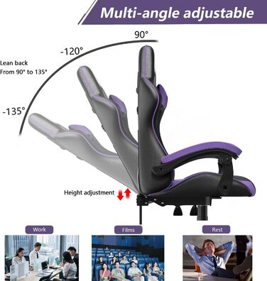 Ігровий крісло Bigzzia Ergonomічне, для підлітків та дорослих, з підголовником та підлокітниками (фіолетовий)
