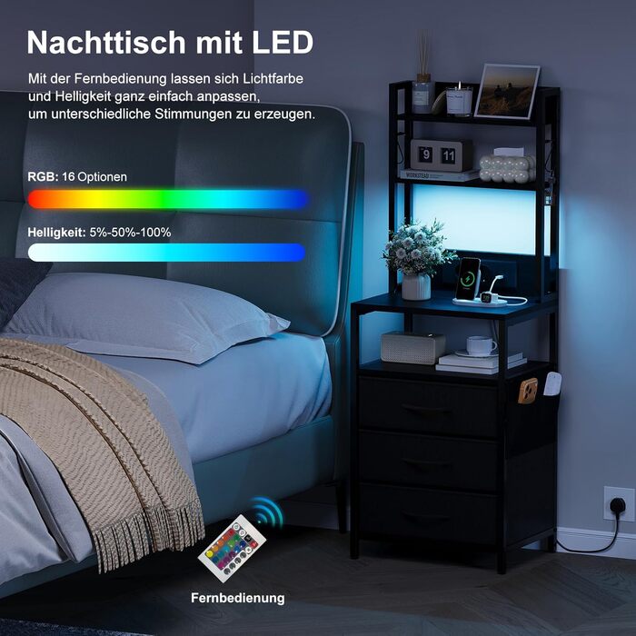 Нічний столик з підзарядкою та LED, приліжний столик з 3 висувними ящиками з тканини, нічник з полицею для книг, відкрите відділення, 2 розетки AC, 1 USB та 1 Type C роз'єми, для спальні, вітальні, офісу (Чорний) 40x30x60 см Чорний 1