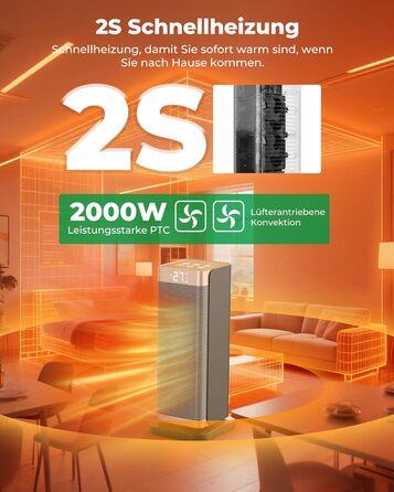 Електричний обігрівач 2000W з енергозбереженням, тихий, 3 режими, PTC кераміка, швидкий нагрів, ECO-режим, пульт ДУ, таймер 12H, поворот 70°, для офісу, спальні, ванної кімнати, золотий