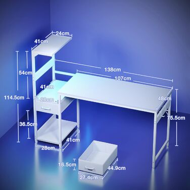 Ігровий стіл Coleshome з LED-підсвічуванням 120x48 см, з шухлядами та полицею, регульований, з тримачем для навушників