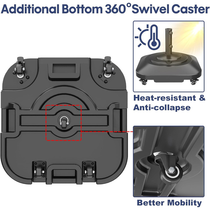 Підставка для парасольки на терасу, міцна, на колесах, до 45,4 кг, заповнювана, мобільна, квадратна, вітростійка, для деку, басейну, газону, чорна