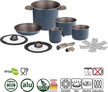 Набір кухонного посуду Brunner Camping HOHES (алюміній) для 2-4 осіб: каструлі та сковорідки ø 18, 20, 22 см, з антипригарним покриттям, легкий, високоякісний, стікельний