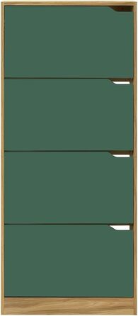 Взуттєва шафа BAKAJI з МДФ, 4 дверцята, відкидна полиця, врізні ручки, подвійна глибина, компактна, 63 x 24 x 150 см, для дому, зелений та дуб