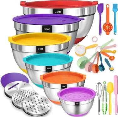 Набір мисок для приготування їжі з нержавіючої сталі (6 шт.) з кришками та силіконовим дном, набір терок, 6.6/3.8/2.4/1.9/1.4/0.6 л - кольорові