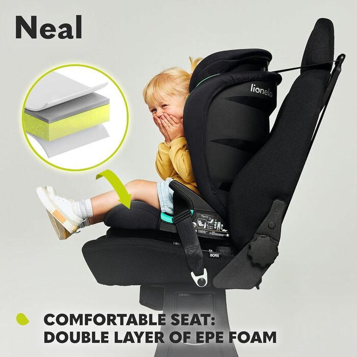 Дитяче автокрісло LIONELO Neal 15-36кг, Isofix, бічні протектори, маркування i-size, регульована спинка в 3 напрямках, регульований по висоті підголівник, бірюзова система вентиляції