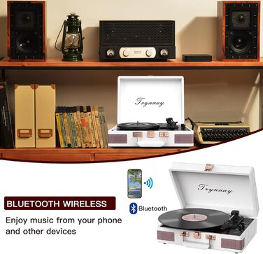 Вініловий програвач Trynnay 3-швидкісний з Bluetooth, портативний програвач у валізі з вбудованими динаміками, покращене аудіо, білий PU-шкіра