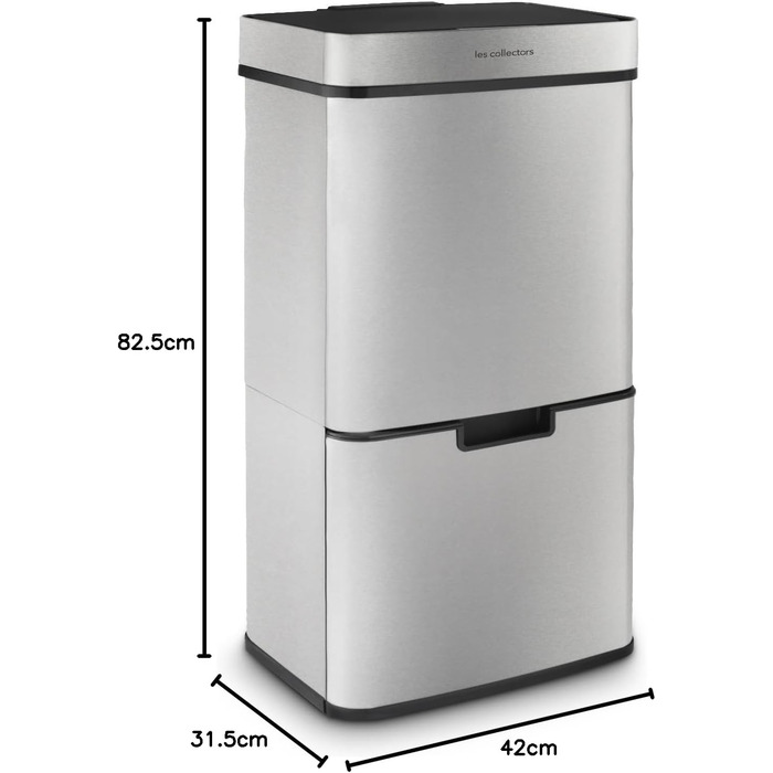Сміттєвий бак Les Collectors з нержавіючої сталі, 69 л, 3 відсіки (47+11+11 л), автоматичне відкриття, інфрачервоний датчик, тиха закриття, дизайн з нержавіючої сталі