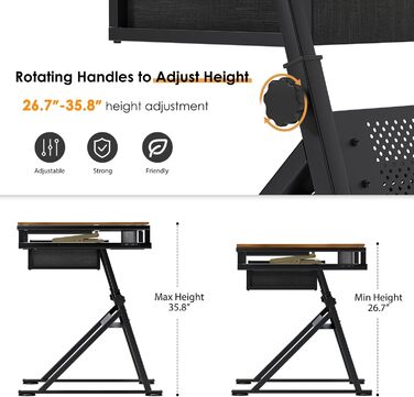Регульований стіл для малювання та роботи, з хокером та ящиками. Ідеально для техніків, архітекторів та студентів мистецтв