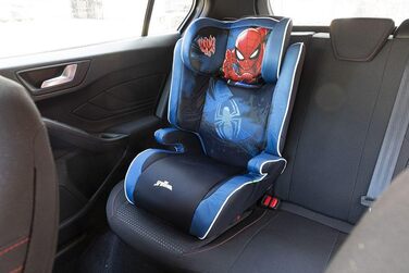 Автокрісло Marvel Spiderman з кріпленням ISOFIX для безпеки дитини зростом від 100 до 150 см з зображенням супергероя Людини-павука на синьому тлі