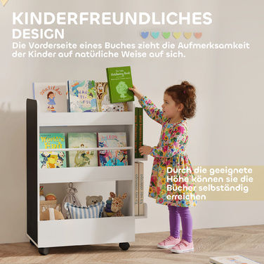 Дитяча полиця для книжок Kinder з 4 полицями, нижньою секцією, 2 бічними панелями, дощечкою для малювання, колесами, для дітей 3–8 років, 66,5 x 32,5 x 86,5 см, білий
