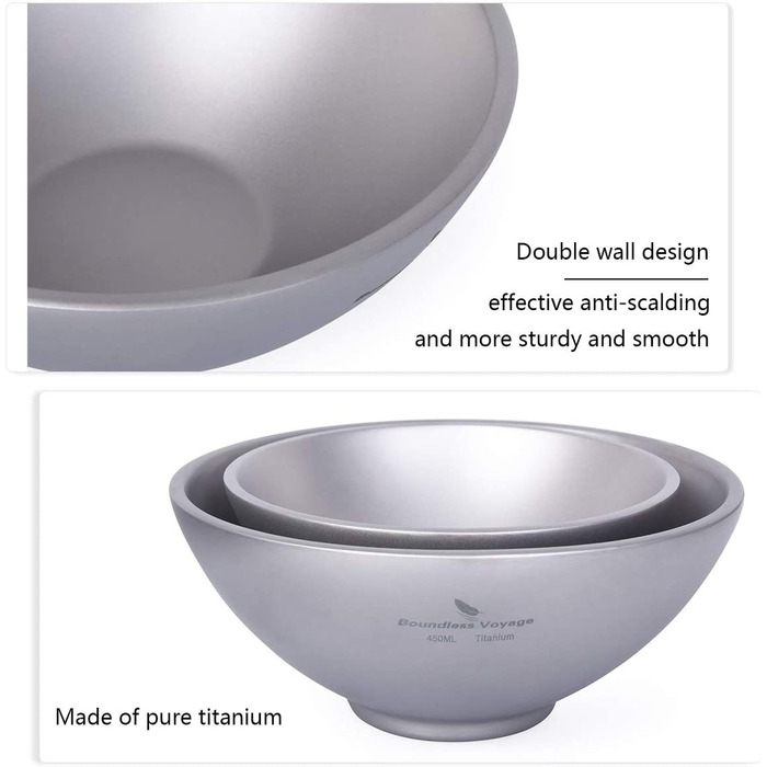 Титанова миска з подвійними стінками для безмежної подорожі для дорослих і дітей, посуд для кемпінгу, титанова миска для рису (Ti15147b)