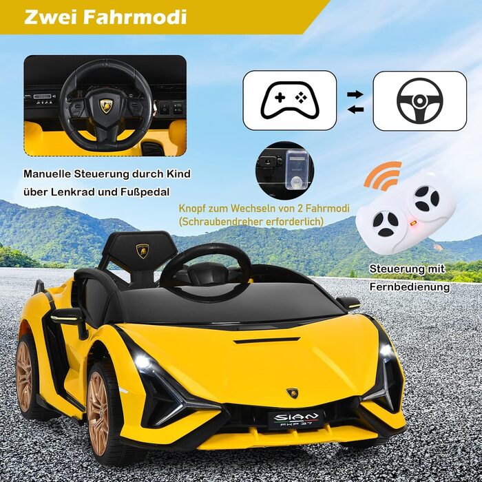 Дитячий електромобіль Lamborghini 12V з пультом, ременем безпеки, світлом, музикою і сигналом, жовтий – електрокар для дітей від 3 років