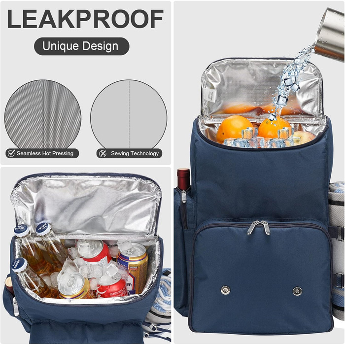 Набір для пікніка на 4 особи з великою ізольованою сумкою-холодильником, набір для пікніка з мішком для вина, водонепроникний плед та набір столових приборів. Ідеально для кемпінгу, подарунок на весілля, блакитний колір