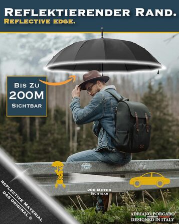 Парасолька ADRIANO PORCARO Stormproof XXL Ø120см, 12 стійок, світловідбиваюча, в т.ч. чохол, сірий