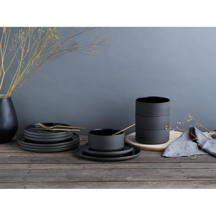 Серія Futuro Black, набір посуду з 16 предметів, комбінований набір порцелянових виробів (чорний, набір тарілок), 21539