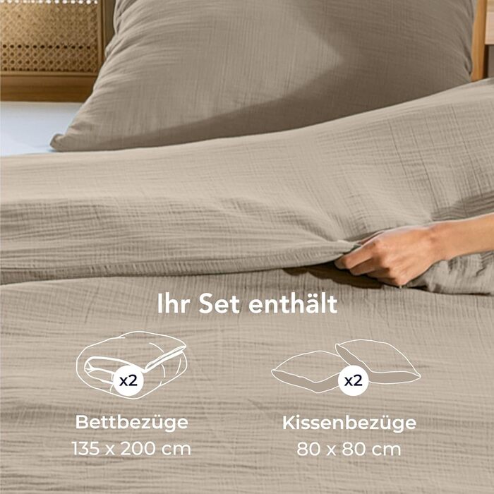Набір постільної білизни Dreamzie з мусліну 135x200 см, 100% бавовна (4 шт.) – 2 наволочки 80x80 см, 2 наволочки 80x80 см, закривається на блискавку, сертифікат Oeko-Tex, колір: тауп