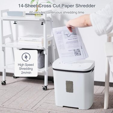 Шредер для паперу P4, 14 листів, 60 хв безперервної роботи, знищення кредитних карт та скріпок, 21л контейнер, тихий, для дому, офісу, шкіл, білий