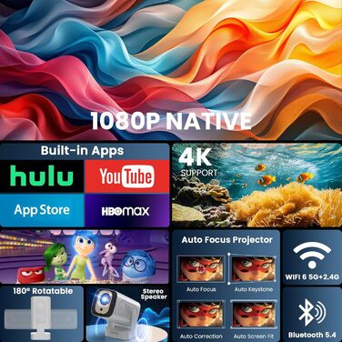 Портативний проєктор Beamer 4K з підтримкою WiFi 6, Bluetooth 5.4 та автофокусом (2025 модель)