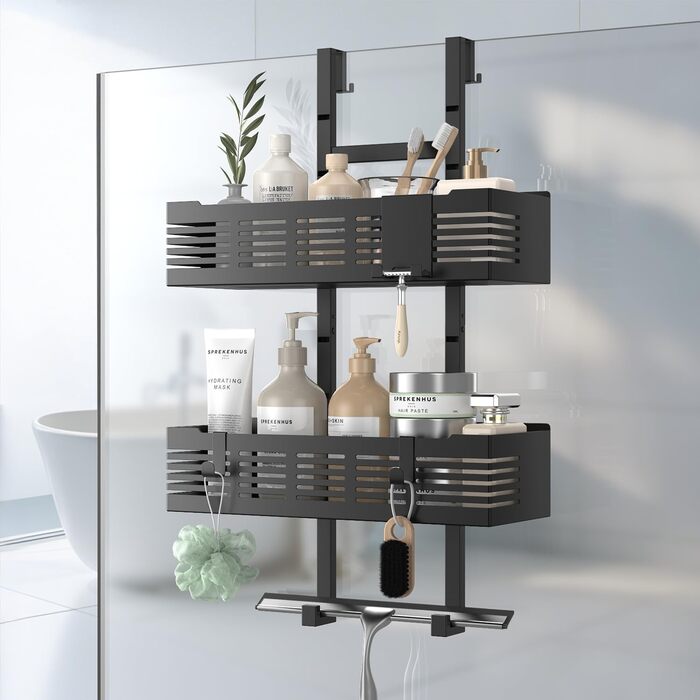Настінна поличка для душу без свердління, чорна, для скляних душових кабін, регульована висота, 3 гачки для шампуню та гелю для душу