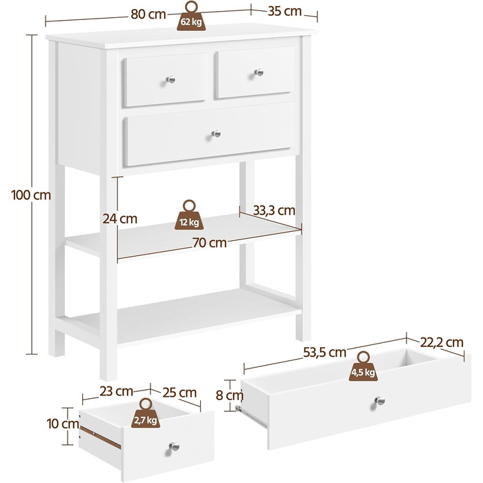 Консольний столик Yaheetech з 3 ящиками, 2 полицями, великою кількістю місця для зберігання, 80 35 100 см
