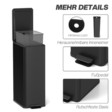 Сміттєвий бак 20л, з плавним закриттям кришки, відділенням для дезодоранту, захистом від відбитків пальців, нержавіюча сталь, чорний