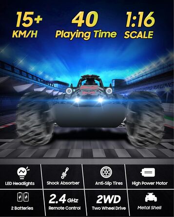 RC Автомобіль на радіокеруванні 2.4GHz, Monstertruck 15+ км/год зі світлодіодами, іграшка для хлопчиків, чорно-червоний (сірий/зелений)