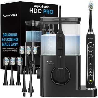 Aquasonic Home Dental Center PRO: електрична зубна щітка та іригатор для догляду за порожниною рота. Здорова посмішка та білі зуби. ADA-сертифіковано, чорний колір