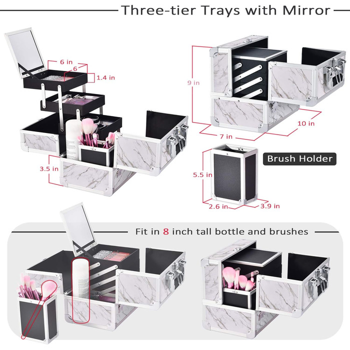 Коробка для макіяжу Joligrace, Косметичний футляр, Органайзер для ювелірних виробів, Коробки для зберігання косметики з дзеркалом і тримачем для пензлика, Замки для ключів, Мармуровий білий, L