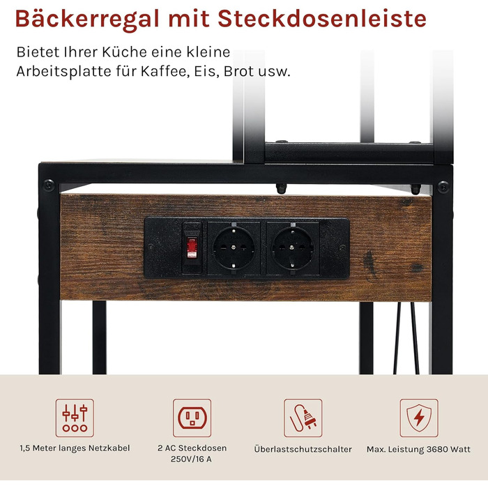 Кухонна полиця WOLTU з 6 ярусами, з розетками, мікрохвильова полиця з 6 гачками, полиця пекаря з металевим каркасом, регульовані полиці, Чорний+Рустикальне коричневий, 60 x 167 x 40 см