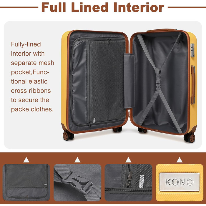 Набір валіз KONO: 4 валізи з ABS пластику, коліщата Spinner, TSA-замок, жовтий колір