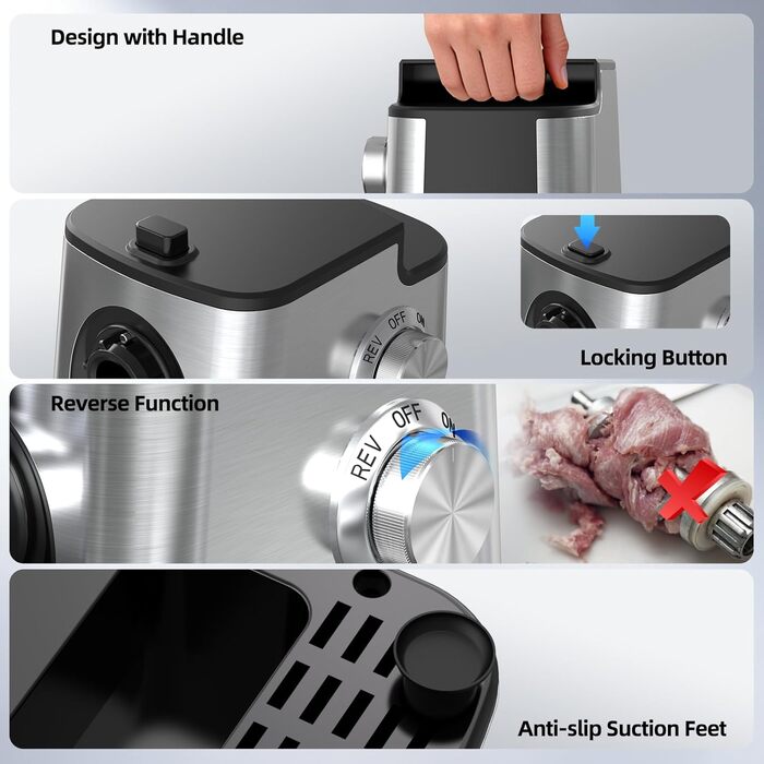 М'ясорубка електрична FIMEI 4-в-1 з насадками для ковбас та печива, нержавіюча сталь