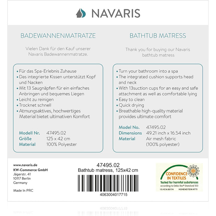 Набір для ванни Navaris: килимок та подушка для ванни - 125x42 см, білий