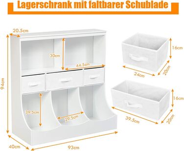Дитяча полиця COSTWAY, Полиця для іграшок з 5 відділеннями та 3 висувними ящиками, Дитяча книжкова шафа, Полиця для зберігання, Органайзер для іграшок для дитячої кімнати та ігрової кімнати, 93 x 40 x 94 см, Білий
