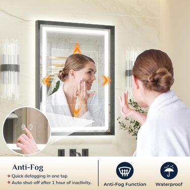 Дзеркало для ванної кімнати Keonjinn з підсвічуванням, металевий каркас 50x70 см, антизапар, LED, сенсорне керування, 3 кольори світла, диммування, пам'ять, настінне дзеркало (Чорний, 60 x 100 см)