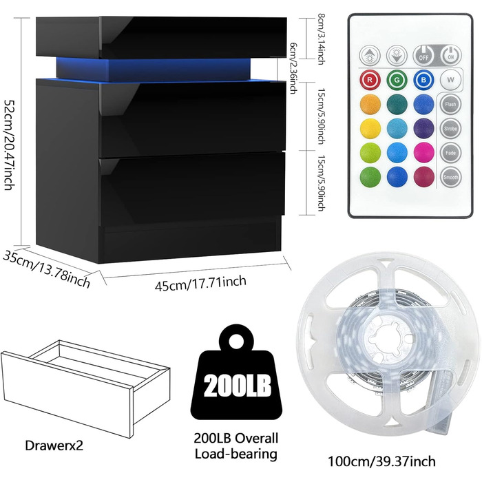 Набір тумбочок HaodaCulture з 2 шт. , білий глянцевий зі світлодіодом, 2 висувних ящика, 16 кольорів, 45x35x52см, чорний