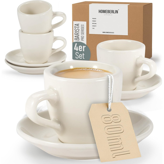 HOMEBERLIN® Barista Pro: Набір еспресо-чашок (4 шт.) 80 мл - Преміум якість, ручна робота, з підставками