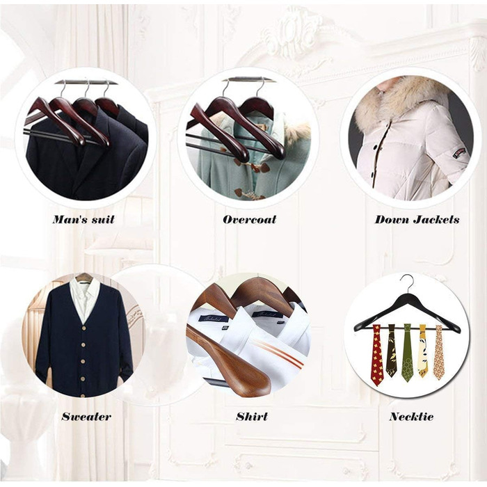 10 дерев'яних вішалок для костюмів з широкими плечима – протиковзні, 360° обертання, для сорочок, пальто, курток, штанів (волоський горіх, високоякісне дерево)