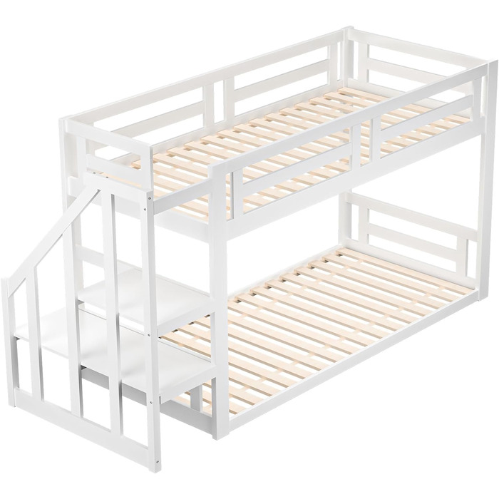 Ліжко-горище Merax 90x200 см, дитяче ліжко-будиночок, дерев'яне двоярусне ліжко із захистом від падіння та рейковим каркасом, універсальне дитяче ліжко з дахом та кутовими сходами, ігрове ліжко для хлопчиків та дівчаток, (90 x 200 см, біле 2-без даху)