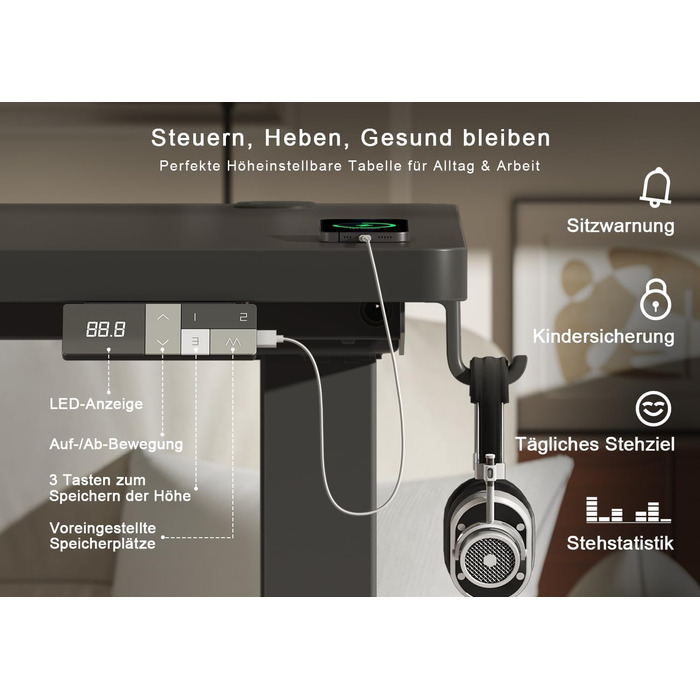 Електричний підйомний стіл Devoko 160x80 см, ергономічний комп'ютерний стіл для роботи стоячи та сидячи, стільниця 25 мм, подвійний мотор, пам'ять, USB-C (Чорний)