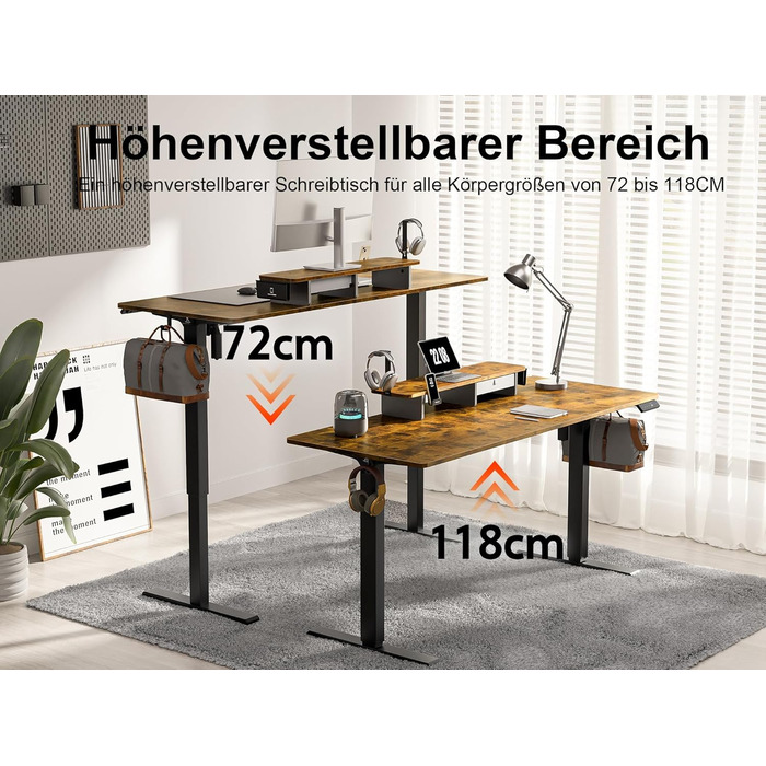 Електричний регульований стіл WALKINGDESK 100x60 см з ящиками, підставка для монітора та тримач для телефону. Для дому та офісу. Колір: рустикальний коричневий