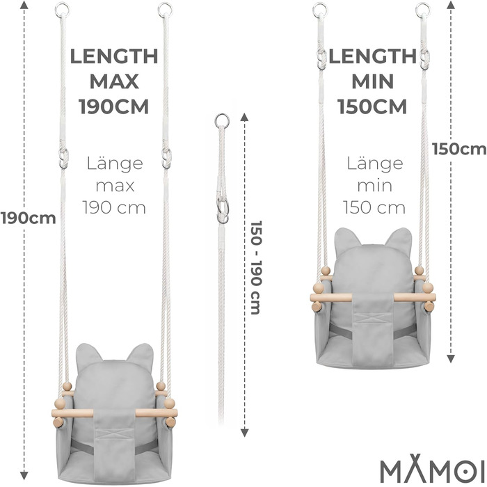 Дитяча гойдалка-колиска MAMOI з ременем безпеки, регульована висота 150-190 см, для дому, стійка конструкція, велюрове сидіння, легкий монтаж, світло-сіра