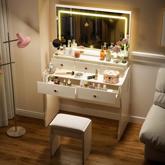 Трюмо COMHOMA з підсвічуванням, дзеркалом та прихованою LED-смугою, зі стільцем та 5 висувними ящиками, з розеткою, 3 колірні температури та регульована яскравість, білий