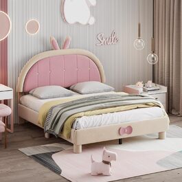 Ліжко з м'якою оббивкою Merax Двоспальне ліжко 140 x 200 дитяче ліжечко для дівчаток хлопчиків з круглим узголів'ям і рейковою основою бежевого кольору